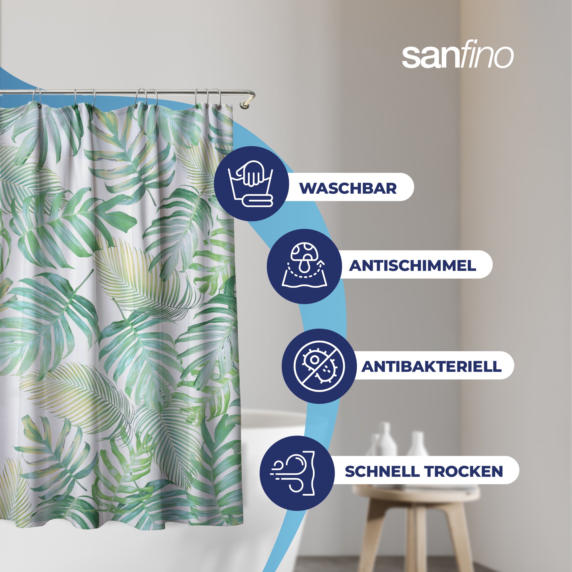 Shower curtain with "Tropical Leaves" motif