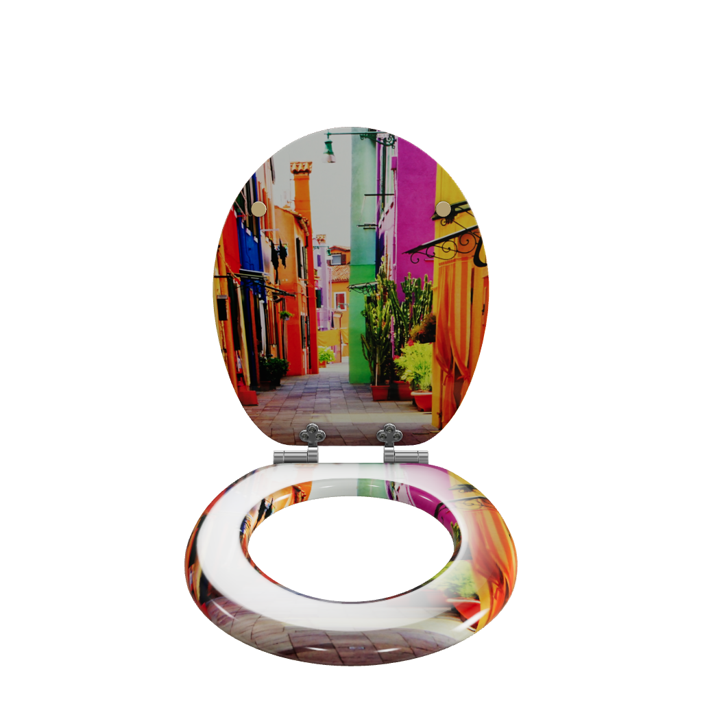 3D Modell des Sanfino Holz WC-Sitzes "Colorful Houses" mit Absenkautomatik.